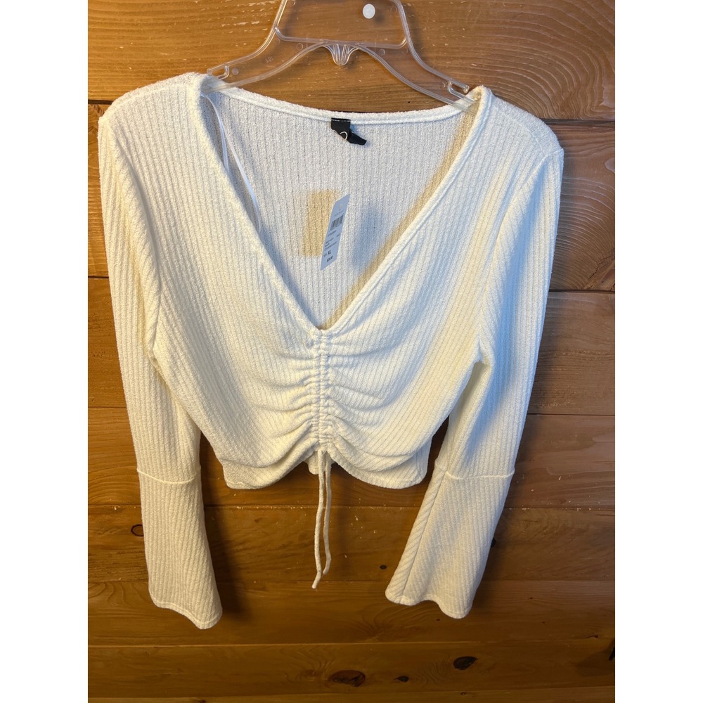Windsor Womens White Ruched Front V-Neck Long Sleeve Crop Top‎ XL chic V-Neck